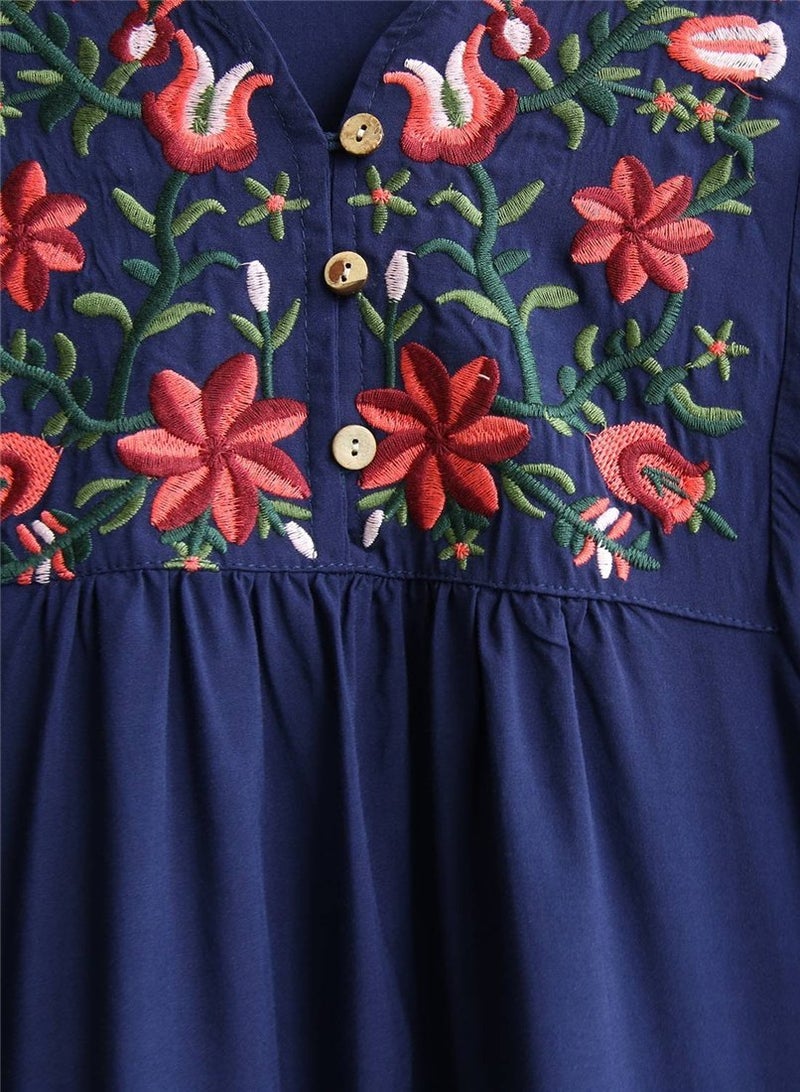 Kafeimali Women's Summer Mini Dress Bohemian Embroidery Tunic Shift Blouse (Navy Blue) - Image 2